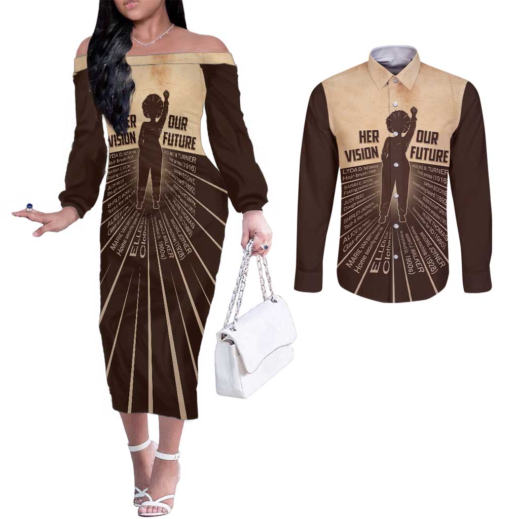 Her Vision Our Future Couples Matching Off The Shoulder Long Sleeve Dress and Long Sleeve Button Shirt African Influential Black Women Inventors and Pioneers - Wonder Print Shop