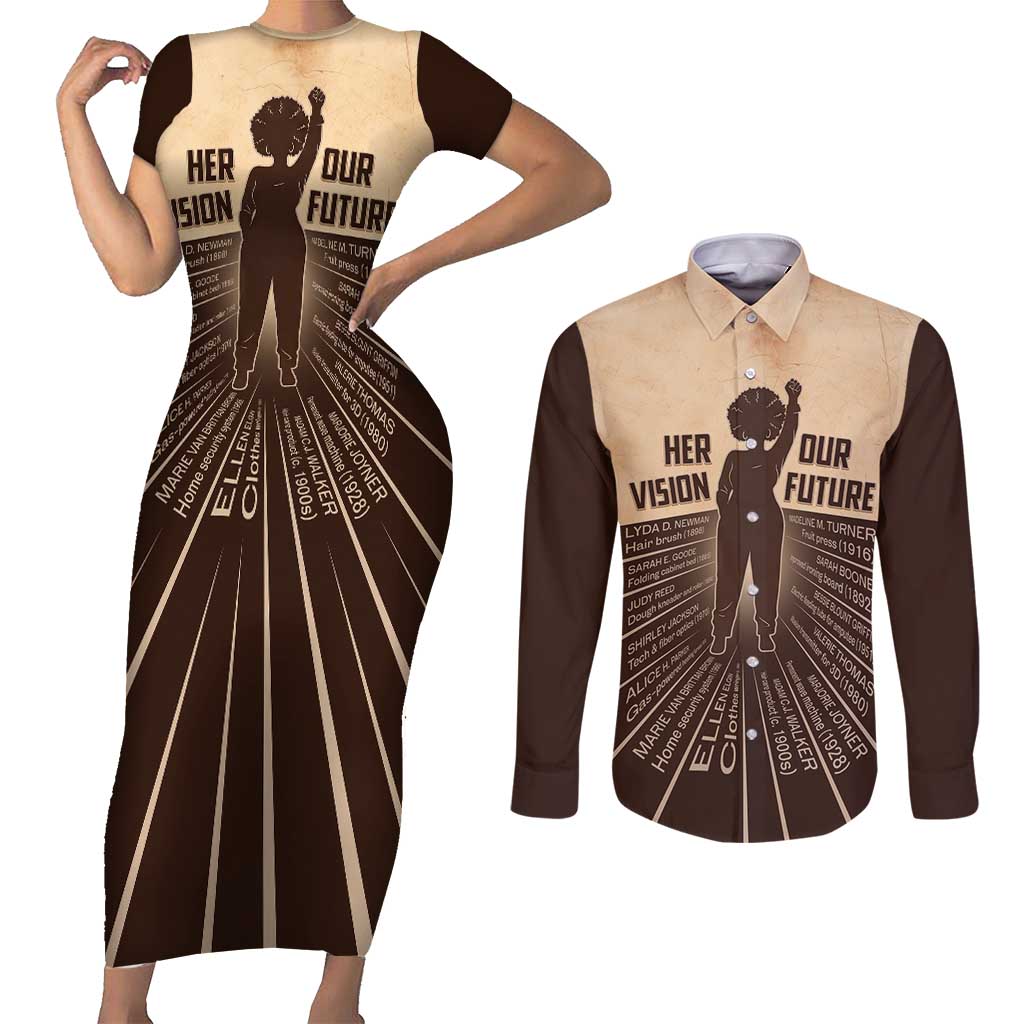 Her Vision Our Future Couples Matching Short Sleeve Bodycon Dress and Long Sleeve Button Shirt African Influential Black Women Inventors and Pioneers - Wonder Print Shop