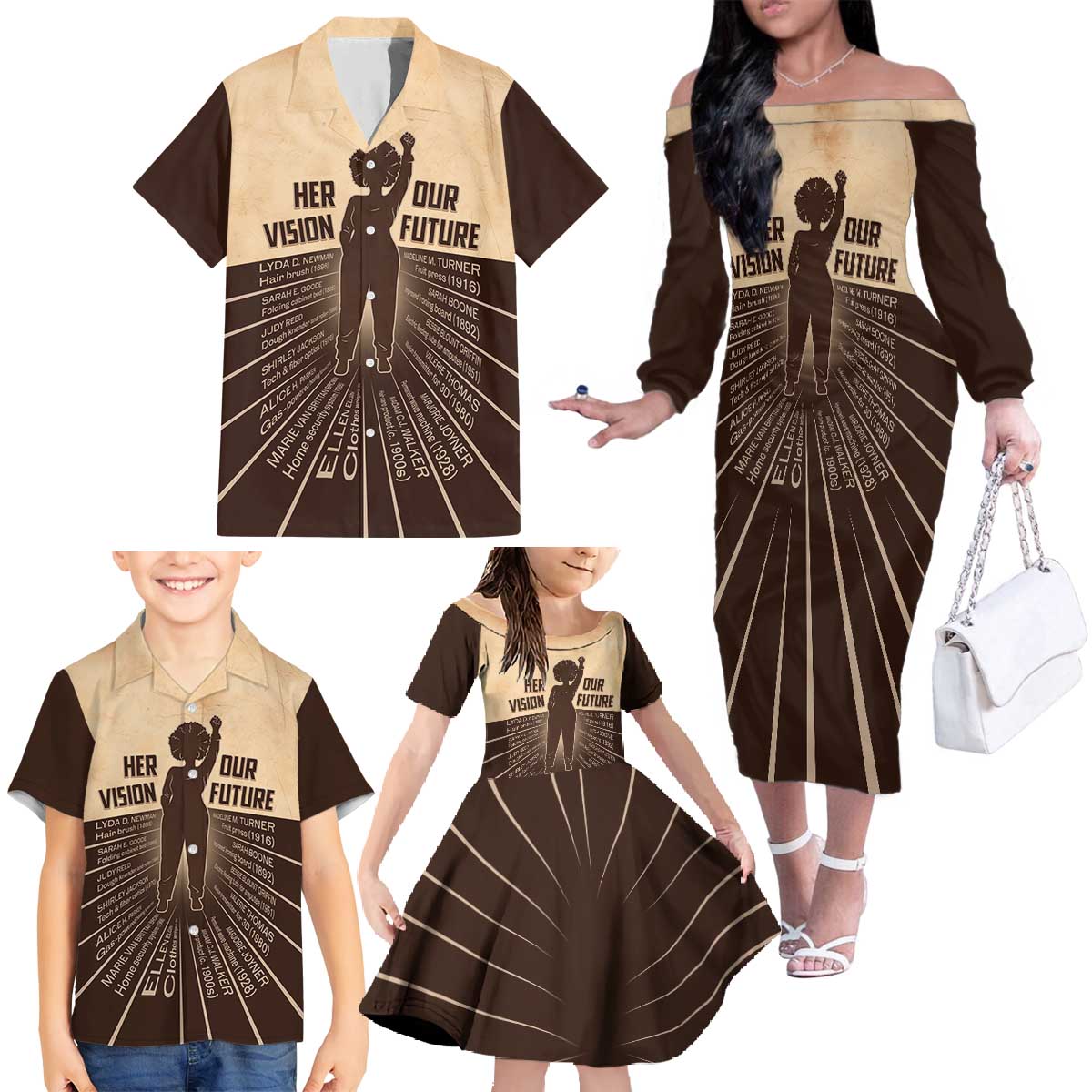 Her Vision Our Future Family Matching Off The Shoulder Long Sleeve Dress and Hawaiian Shirt African Influential Black Women Inventors and Pioneers - Wonder Print Shop