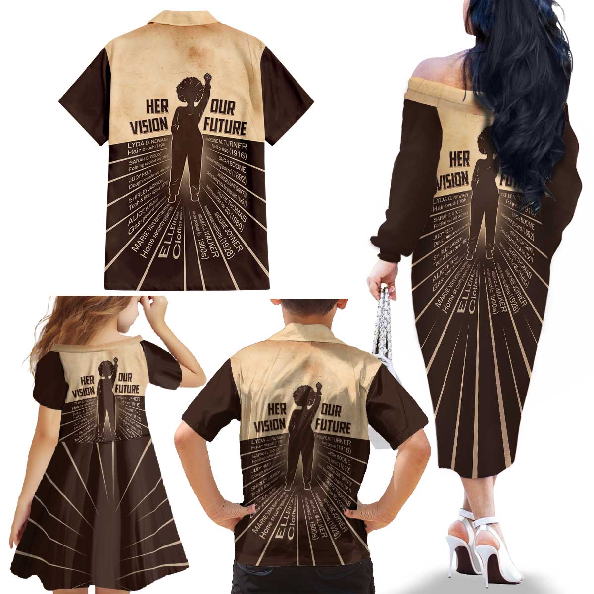 Her Vision Our Future Family Matching Off The Shoulder Long Sleeve Dress and Hawaiian Shirt African Influential Black Women Inventors and Pioneers - Wonder Print Shop