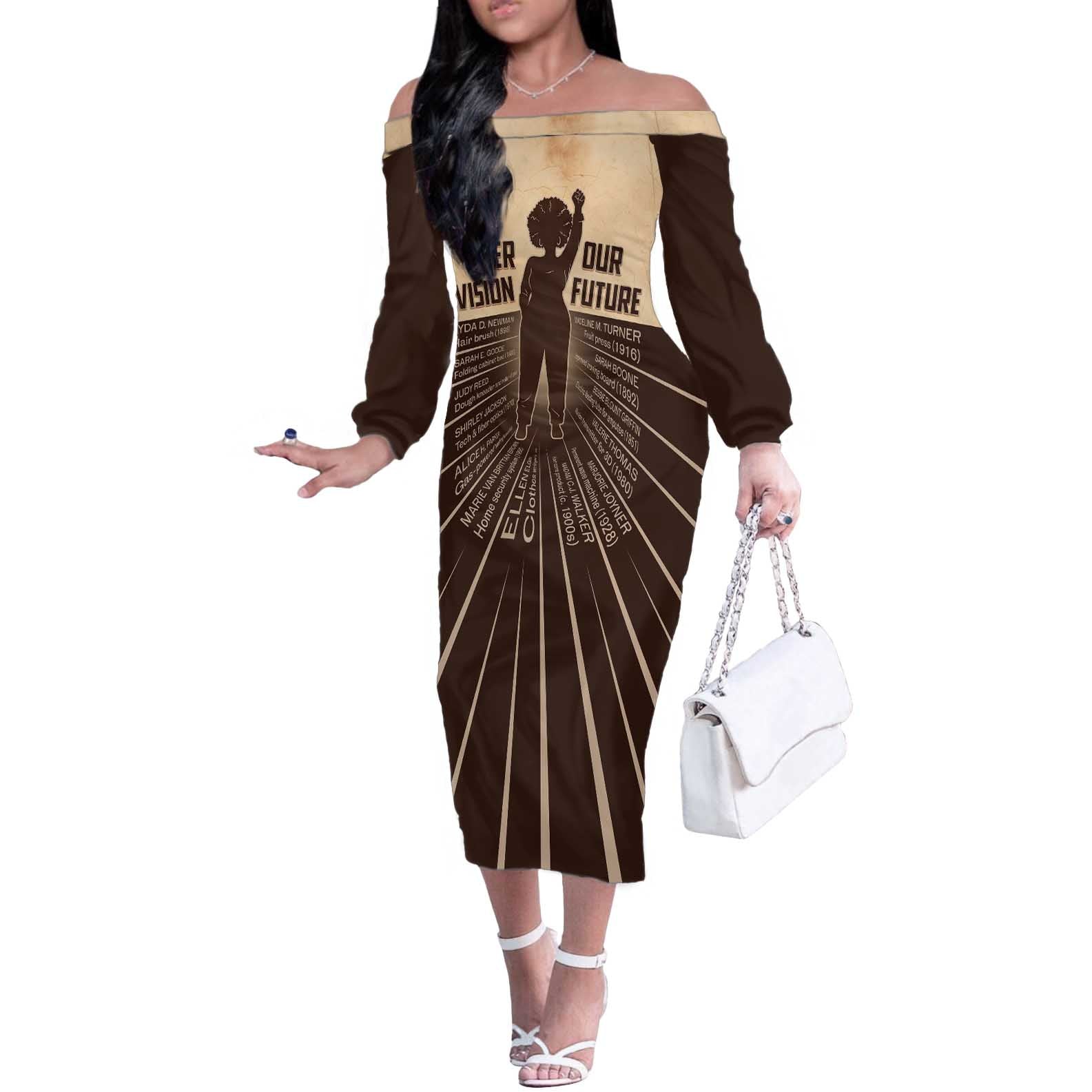 Her Vision Our Future Off The Shoulder Long Sleeve Dress African Influential Black Women Inventors and Pioneers - Wonder Print Shop