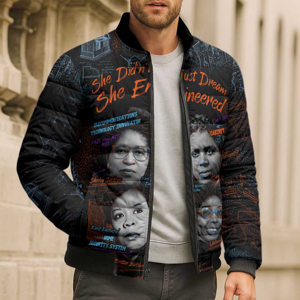 She Didn't Just Dream She Engineered Bomber Puffer Jacket African Celebrating Trailblazing Black Women Innovators in Technology and Engineering - undefined