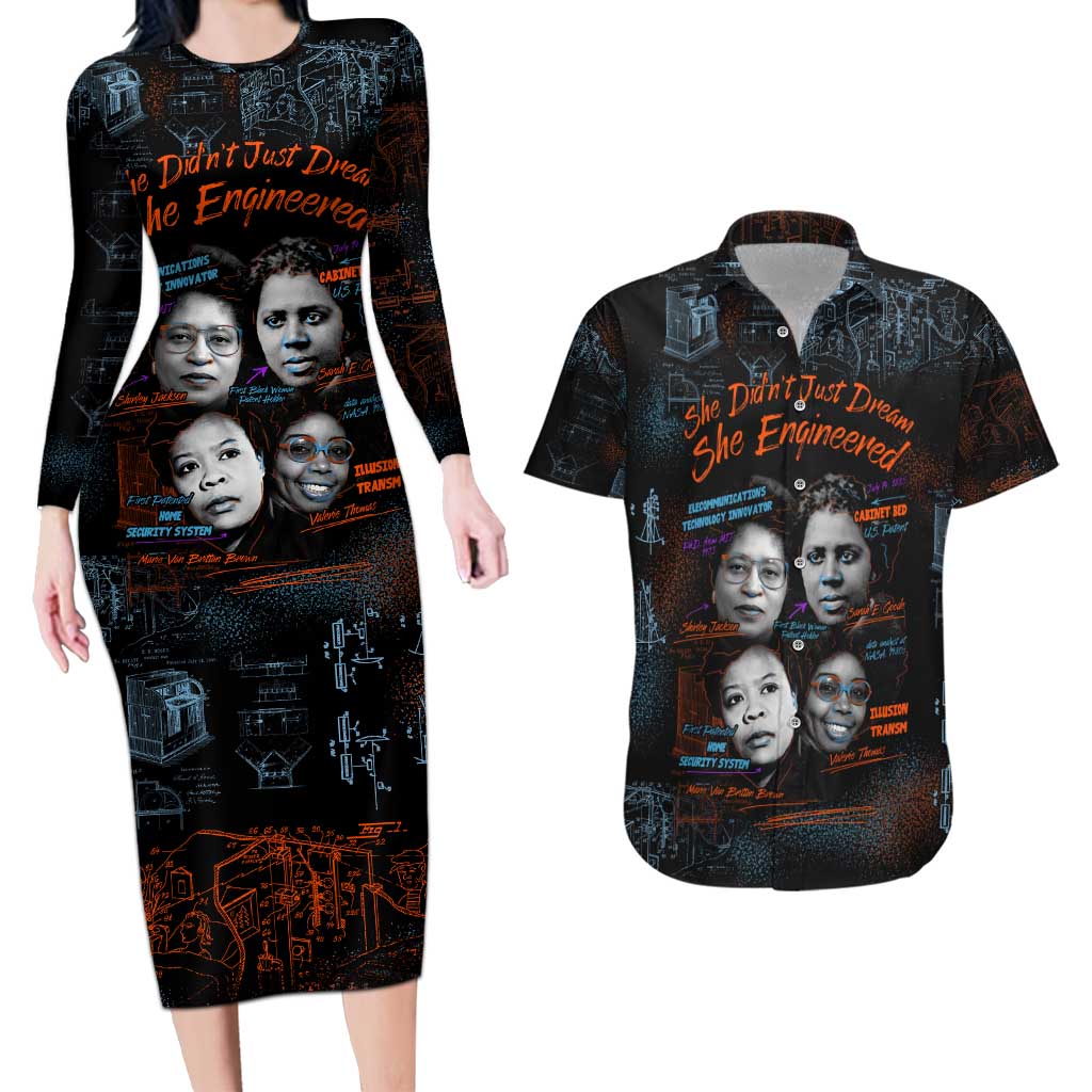 She Didn't Just Dream She Engineered Couples Matching Long Sleeve Bodycon Dress and Hawaiian Shirt African Celebrating Trailblazing Black Women Innovators in Technology and Engineering - Wonder Print Shop