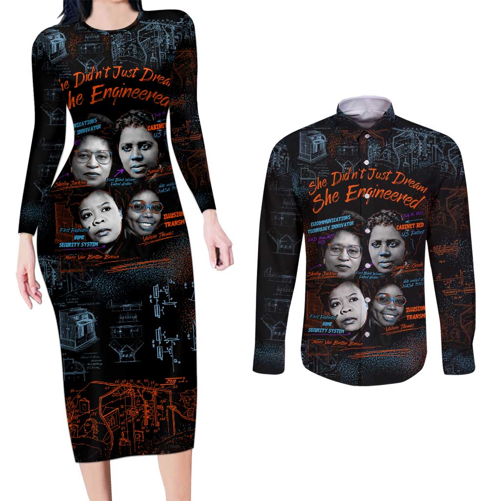 She Didn't Just Dream She Engineered Couples Matching Long Sleeve Bodycon Dress and Long Sleeve Button Shirt African Celebrating Trailblazing Black Women Innovators in Technology and Engineering - Wonder Print Shop