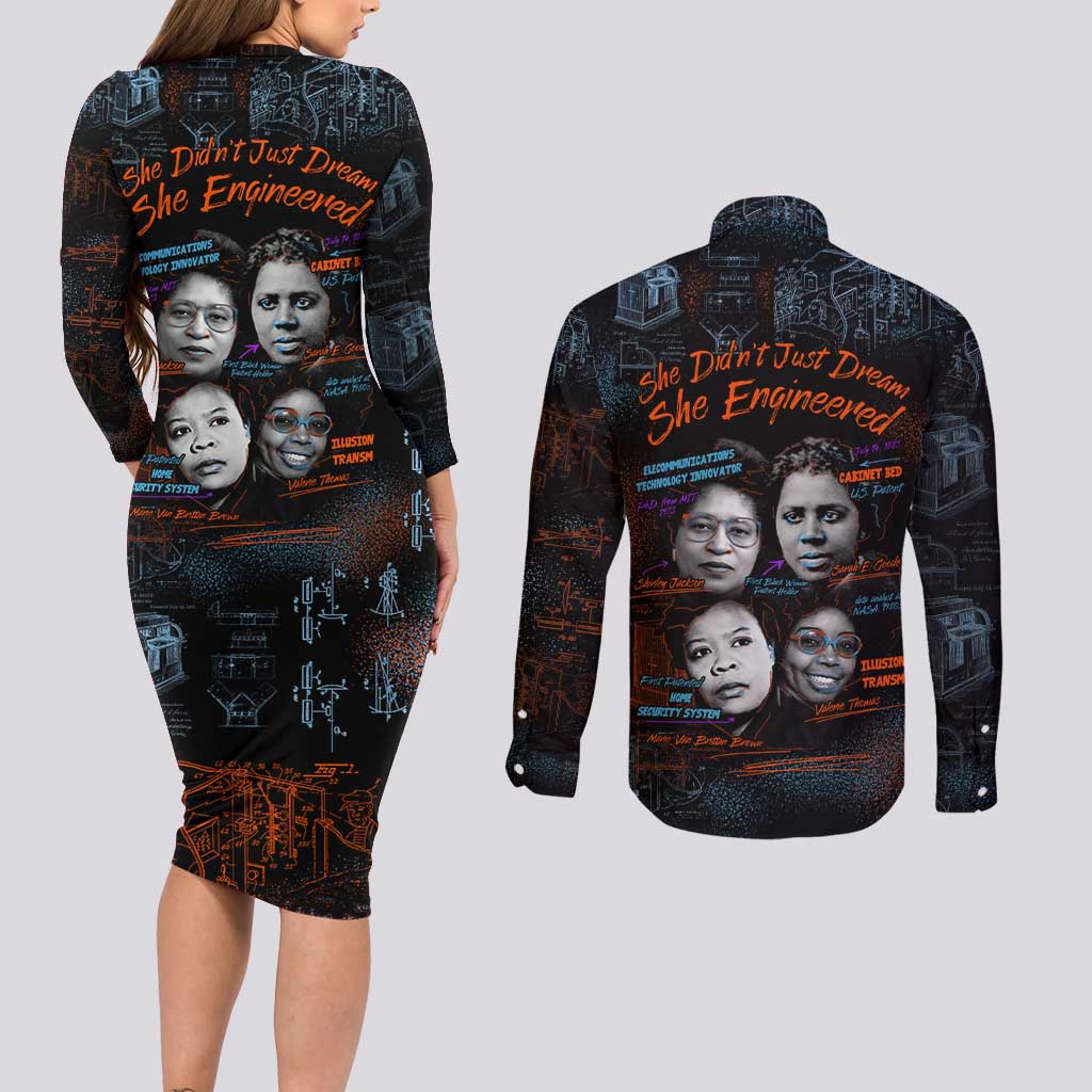 She Didn't Just Dream She Engineered Couples Matching Long Sleeve Bodycon Dress and Long Sleeve Button Shirt African Celebrating Trailblazing Black Women Innovators in Technology and Engineering - Wonder Print Shop