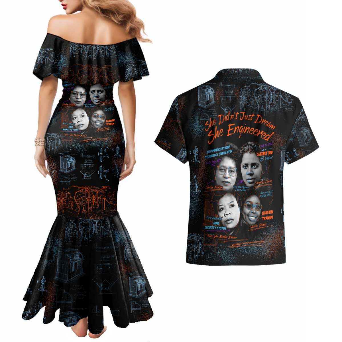 She Didn't Just Dream She Engineered Couples Matching Mermaid Dress and Hawaiian Shirt African Celebrating Trailblazing Black Women Innovators in Technology and Engineering - Wonder Print Shop
