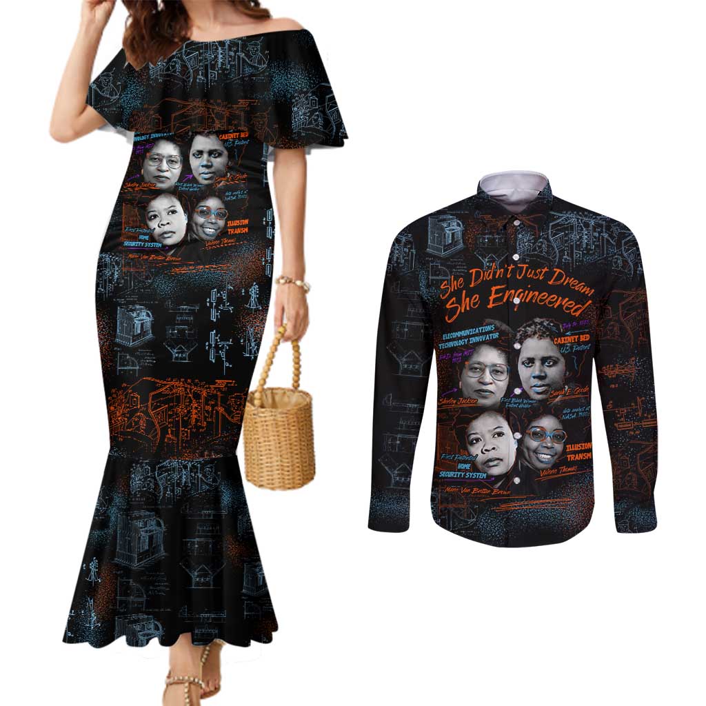 She Didn't Just Dream She Engineered Couples Matching Mermaid Dress and Long Sleeve Button Shirt African Celebrating Trailblazing Black Women Innovators in Technology and Engineering - Wonder Print Shop