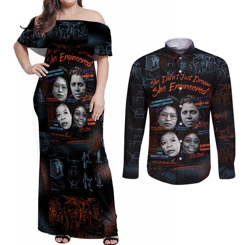 She Didn't Just Dream She Engineered Couples Matching Off Shoulder Maxi Dress and Long Sleeve Button Shirt African Celebrating Trailblazing Black Women Innovators in Technology and Engineering - Wonder Print Shop