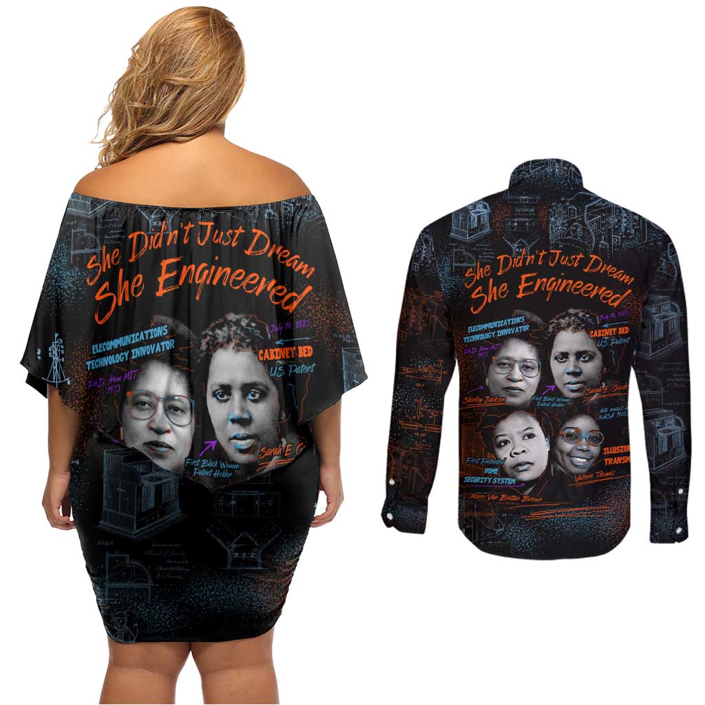 She Didn't Just Dream She Engineered Couples Matching Off Shoulder Short Dress and Long Sleeve Button Shirt African Celebrating Trailblazing Black Women Innovators in Technology and Engineering - Wonder Print Shop