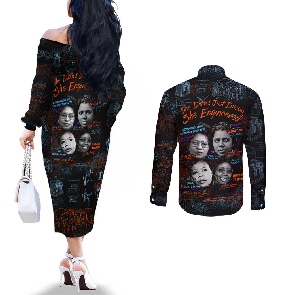 She Didn't Just Dream She Engineered Couples Matching Off The Shoulder Long Sleeve Dress and Long Sleeve Button Shirt African Celebrating Trailblazing Black Women Innovators in Technology and Engineering - Wonder Print Shop