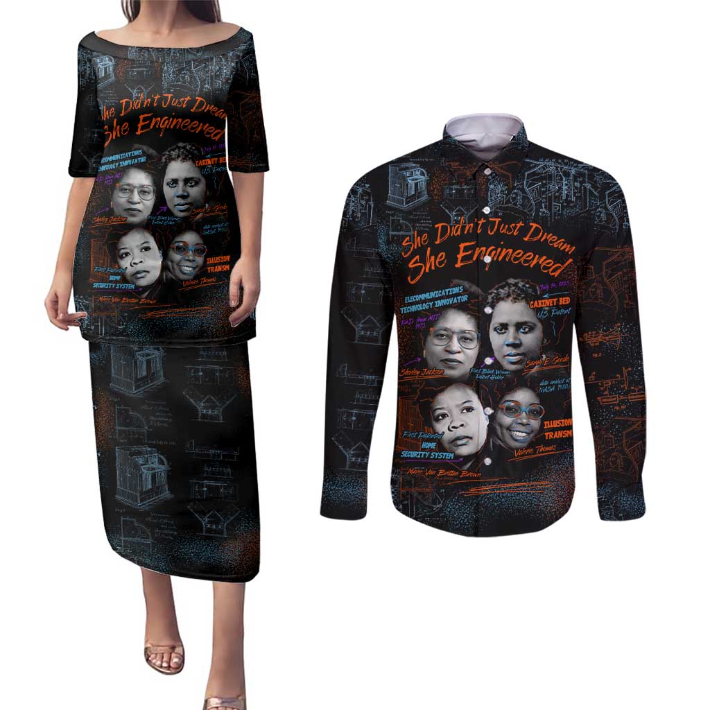 She Didn't Just Dream She Engineered Couples Matching Puletasi and Long Sleeve Button Shirt African Celebrating Trailblazing Black Women Innovators in Technology and Engineering - undefined
