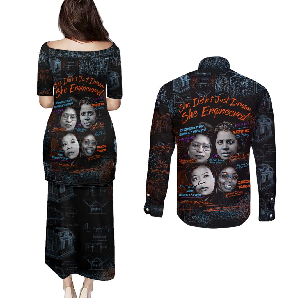 She Didn't Just Dream She Engineered Couples Matching Puletasi and Long Sleeve Button Shirt African Celebrating Trailblazing Black Women Innovators in Technology and Engineering - undefined