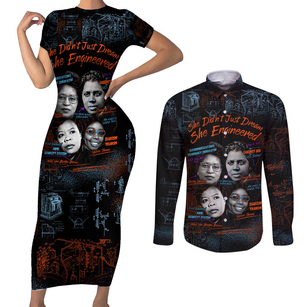 She Didn't Just Dream She Engineered Couples Matching Short Sleeve Bodycon Dress and Long Sleeve Button Shirt African Celebrating Trailblazing Black Women Innovators in Technology and Engineering - Wonder Print Shop