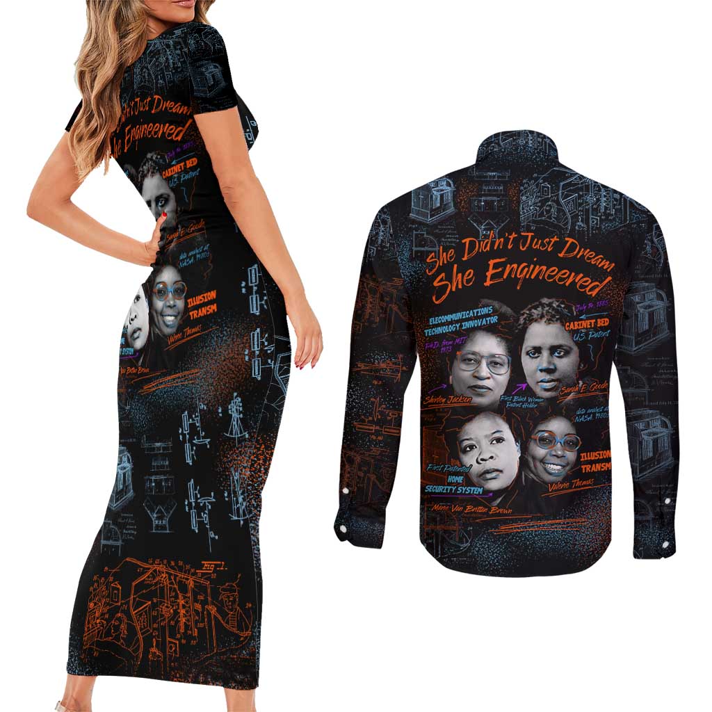 She Didn't Just Dream She Engineered Couples Matching Short Sleeve Bodycon Dress and Long Sleeve Button Shirt African Celebrating Trailblazing Black Women Innovators in Technology and Engineering - Wonder Print Shop