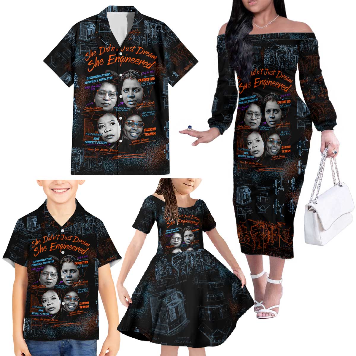 She Didn't Just Dream She Engineered Family Matching Off The Shoulder Long Sleeve Dress and Hawaiian Shirt African Celebrating Trailblazing Black Women Innovators in Technology and Engineering - Wonder Print Shop