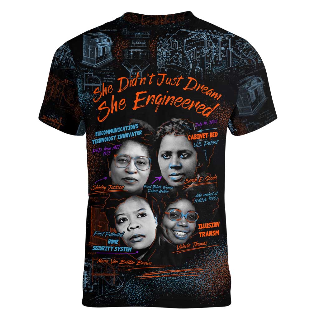 She Didn't Just Dream She Engineered Women V-Neck T-Shirt African Celebrating Trailblazing Black Women Innovators in Technology and Engineering - Wonder Print Shop