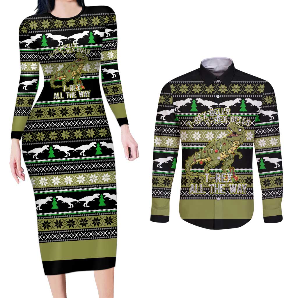Christmas T Rex Tree Couples Matching Long Sleeve Bodycon Dress and Long Sleeve Button Shirt Xmas Holiday Patterns - Wonder Print Shop
