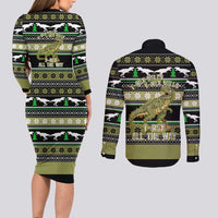Christmas T Rex Tree Couples Matching Long Sleeve Bodycon Dress and Long Sleeve Button Shirt Xmas Holiday Patterns - Wonder Print Shop
