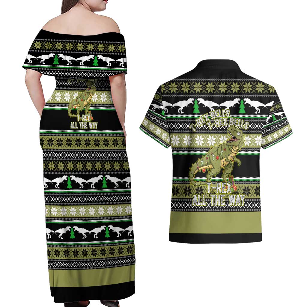 Christmas T Rex Tree Couples Matching Off Shoulder Maxi Dress and Hawaiian Shirt Xmas Holiday Patterns - Wonder Print Shop