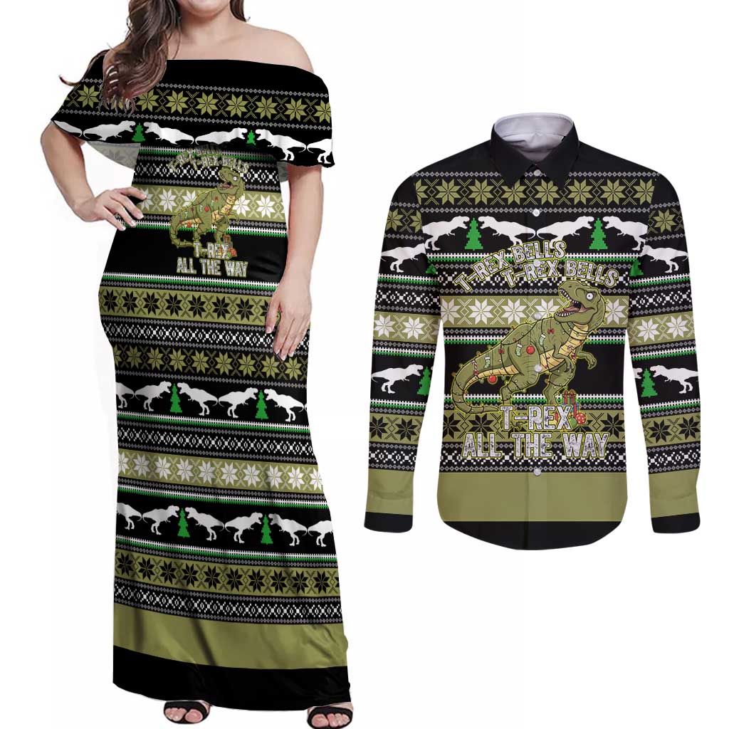 Christmas T Rex Tree Couples Matching Off Shoulder Maxi Dress and Long Sleeve Button Shirt Xmas Holiday Patterns - Wonder Print Shop