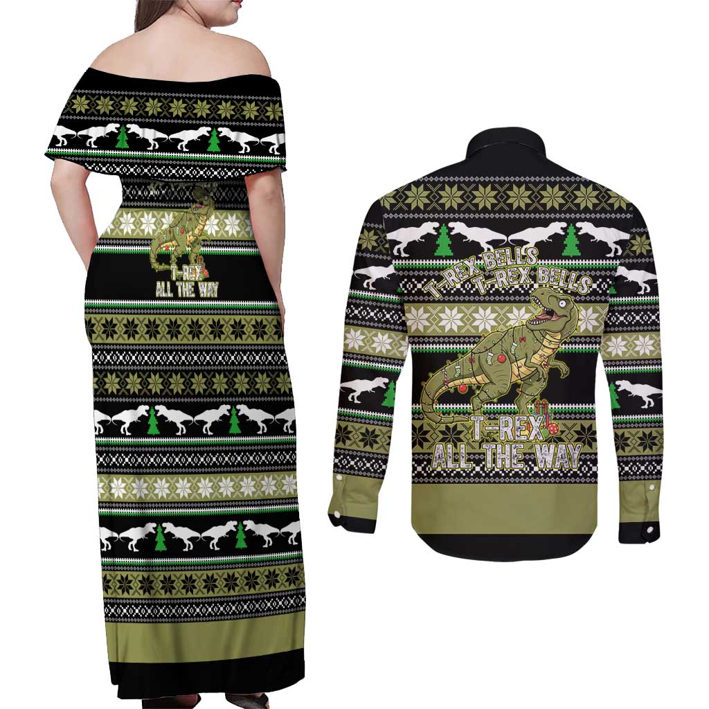 Christmas T Rex Tree Couples Matching Off Shoulder Maxi Dress and Long Sleeve Button Shirt Xmas Holiday Patterns - Wonder Print Shop