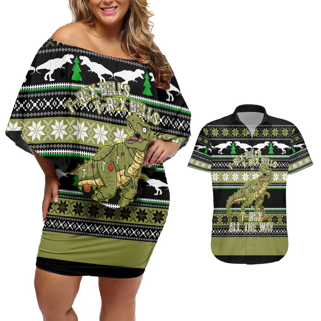 Christmas T Rex Tree Couples Matching Off Shoulder Short Dress and Hawaiian Shirt Xmas Holiday Patterns - Wonder Print Shop