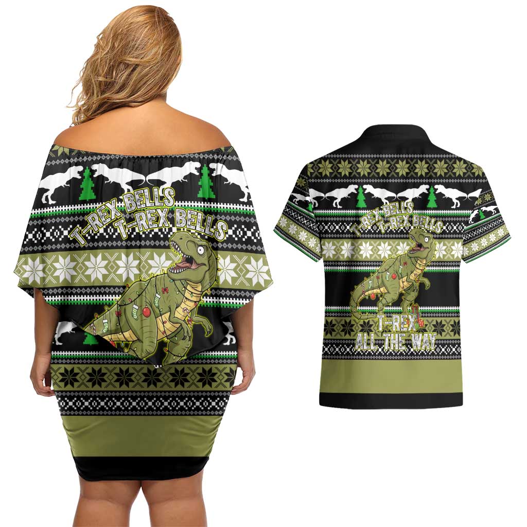 Christmas T Rex Tree Couples Matching Off Shoulder Short Dress and Hawaiian Shirt Xmas Holiday Patterns - Wonder Print Shop
