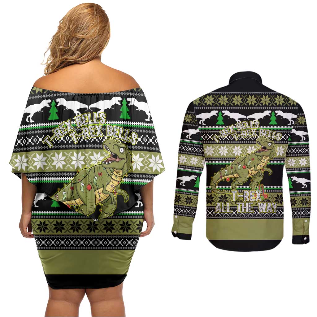 Christmas T Rex Tree Couples Matching Off Shoulder Short Dress and Long Sleeve Button Shirt Xmas Holiday Patterns - Wonder Print Shop