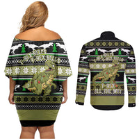 Christmas T Rex Tree Couples Matching Off Shoulder Short Dress and Long Sleeve Button Shirt Xmas Holiday Patterns - Wonder Print Shop