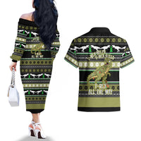 Christmas T Rex Tree Couples Matching Off The Shoulder Long Sleeve Dress and Hawaiian Shirt Xmas Holiday Patterns - Wonder Print Shop