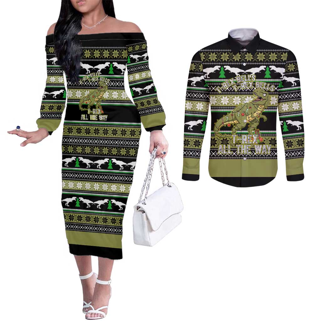 Christmas T Rex Tree Couples Matching Off The Shoulder Long Sleeve Dress and Long Sleeve Button Shirt Xmas Holiday Patterns - Wonder Print Shop