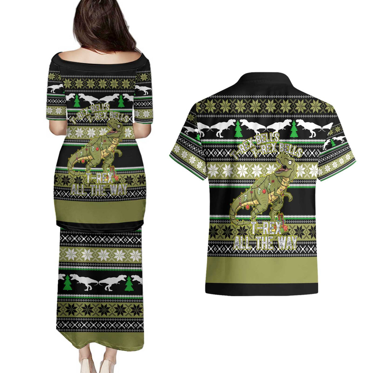 Christmas T Rex Tree Couples Matching Puletasi and Hawaiian Shirt Xmas Holiday Patterns - Wonder Print Shop