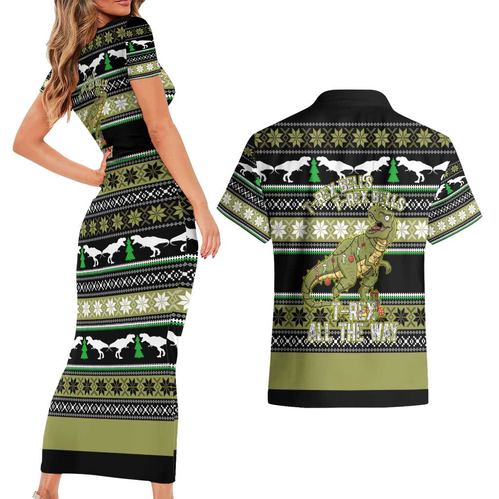 Christmas T Rex Tree Couples Matching Short Sleeve Bodycon Dress and Hawaiian Shirt Xmas Holiday Patterns - Wonder Print Shop