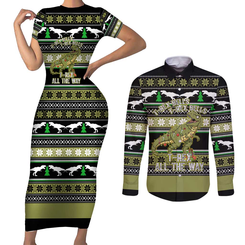 Christmas T Rex Tree Couples Matching Short Sleeve Bodycon Dress and Long Sleeve Button Shirt Xmas Holiday Patterns - Wonder Print Shop