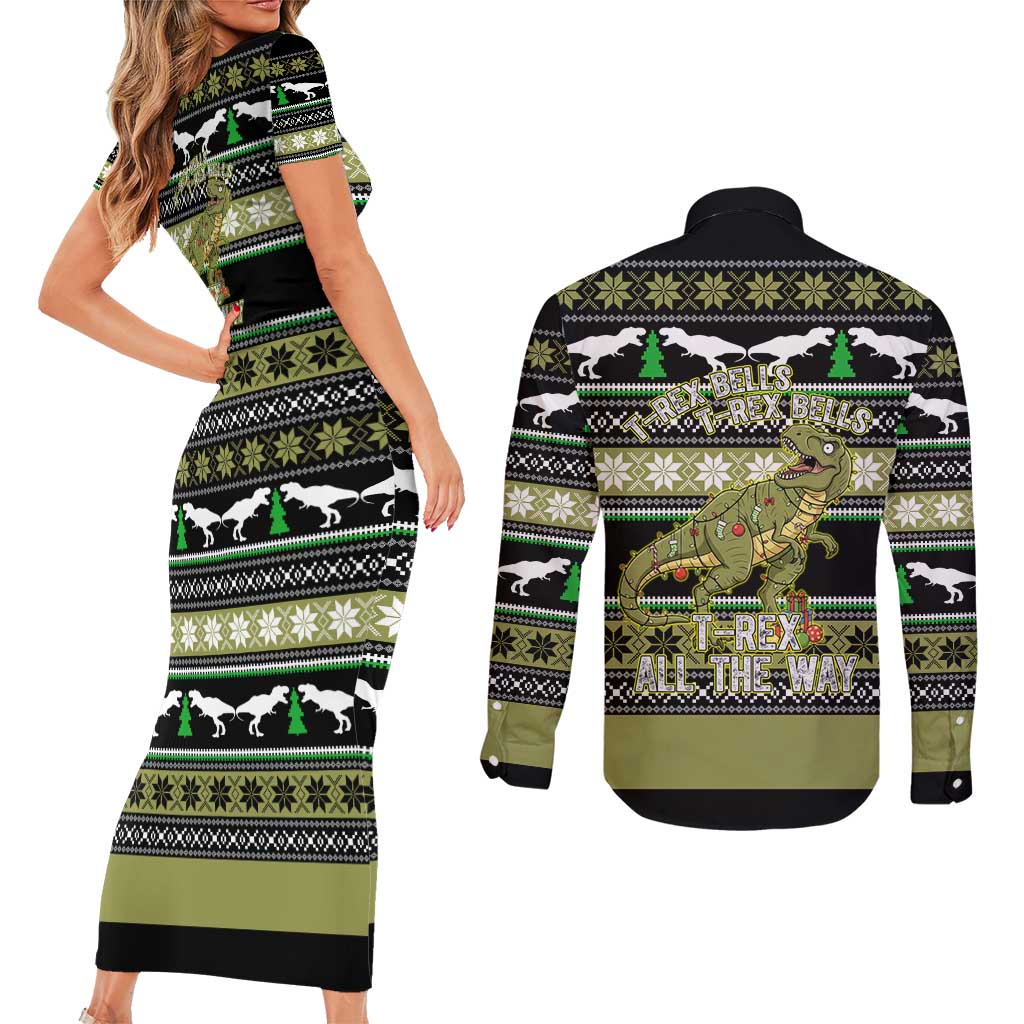 Christmas T Rex Tree Couples Matching Short Sleeve Bodycon Dress and Long Sleeve Button Shirt Xmas Holiday Patterns - Wonder Print Shop