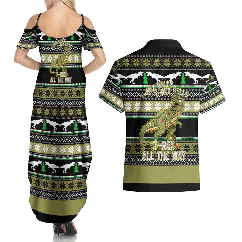 Christmas T Rex Tree Couples Matching Summer Maxi Dress and Hawaiian Shirt Xmas Holiday Patterns - Wonder Print Shop