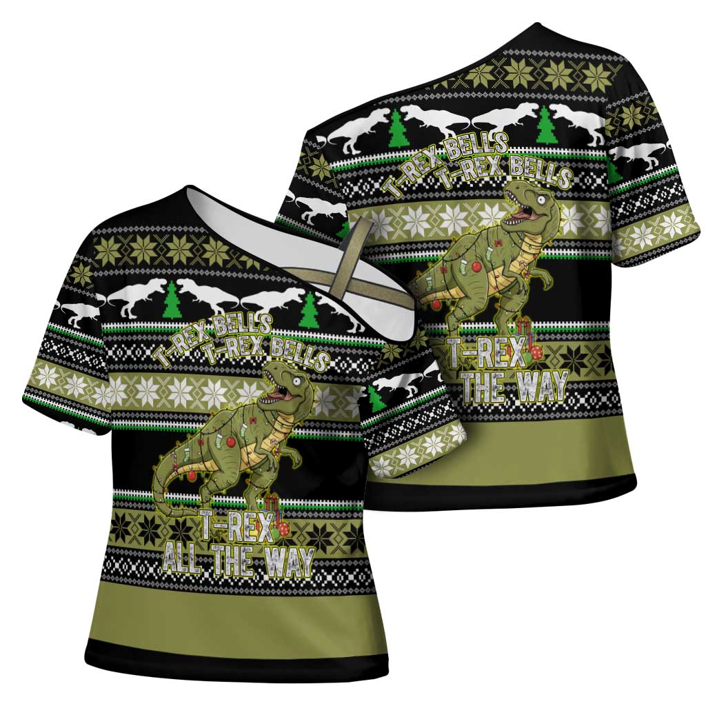 Christmas T Rex Tree Cross Shoulder Shirt Xmas Holiday Patterns - Wonder Print Shop