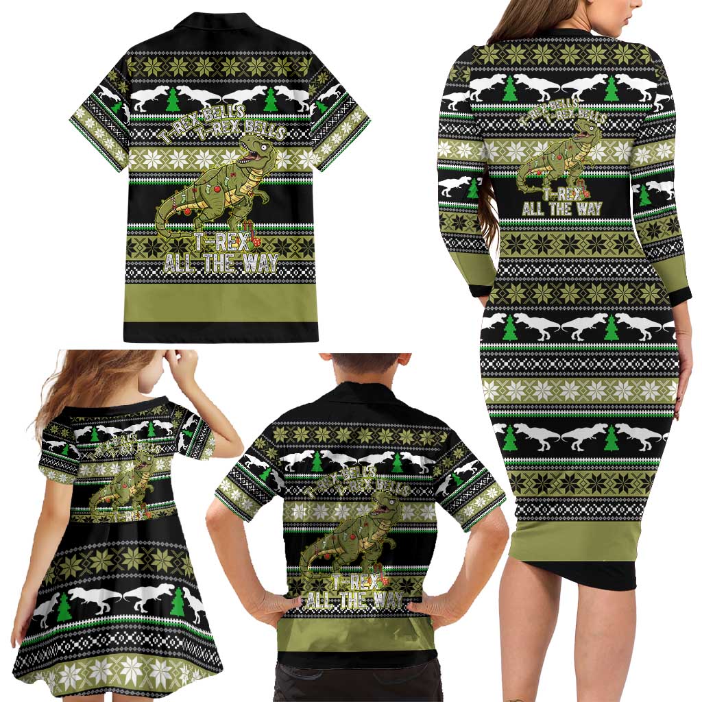 Christmas T Rex Tree Family Matching Long Sleeve Bodycon Dress and Hawaiian Shirt Xmas Holiday Patterns - Wonder Print Shop