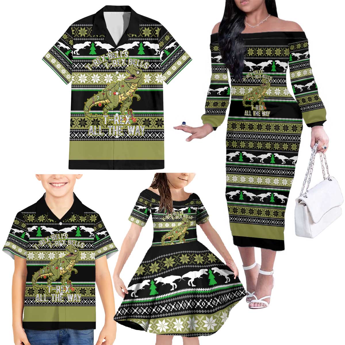 Christmas T Rex Tree Family Matching Off The Shoulder Long Sleeve Dress and Hawaiian Shirt Xmas Holiday Patterns - Wonder Print Shop