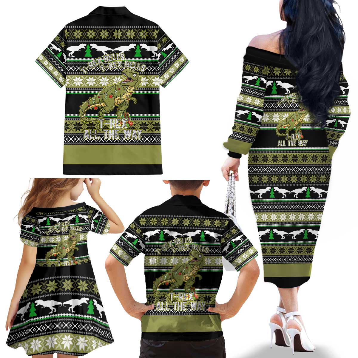 Christmas T Rex Tree Family Matching Off The Shoulder Long Sleeve Dress and Hawaiian Shirt Xmas Holiday Patterns - Wonder Print Shop