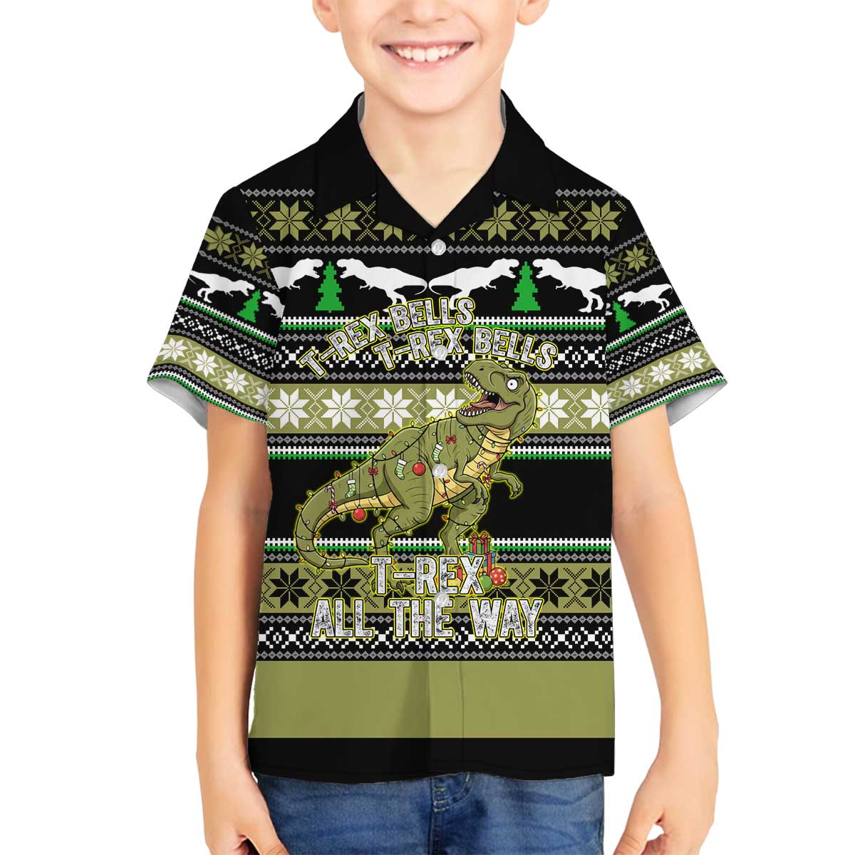 Christmas T Rex Tree Family Matching Off The Shoulder Long Sleeve Dress and Hawaiian Shirt Xmas Holiday Patterns - Wonder Print Shop
