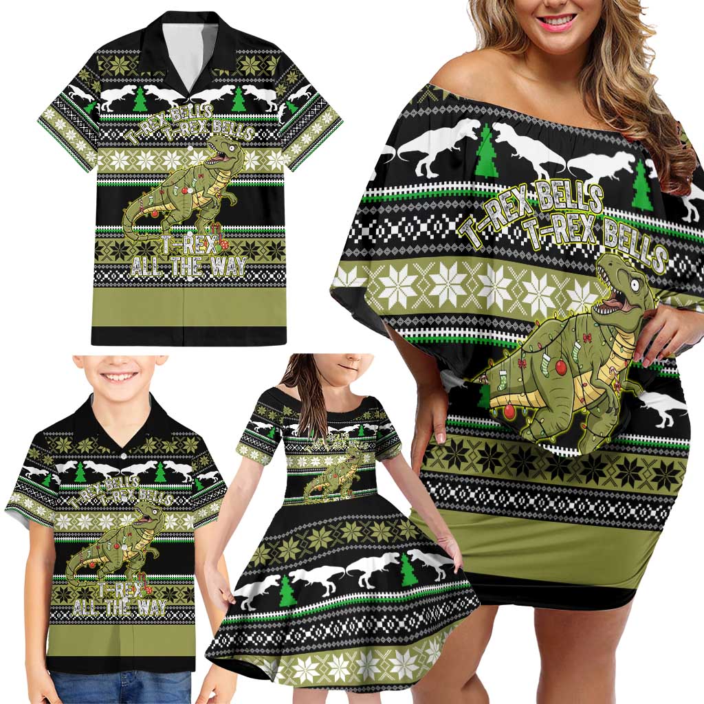 Christmas T Rex Tree Family Matching Off Shoulder Short Dress and Hawaiian Shirt Xmas Holiday Patterns - Wonder Print Shop