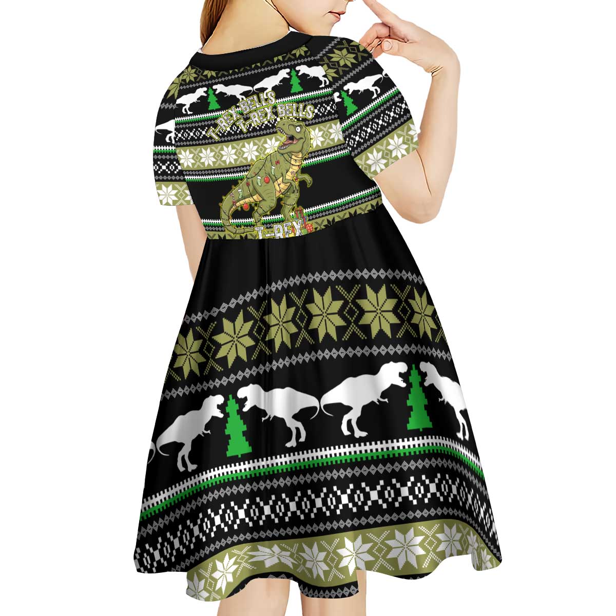 Christmas T Rex Tree Kid Short Sleeve Dress Xmas Holiday Patterns - Wonder Print Shop