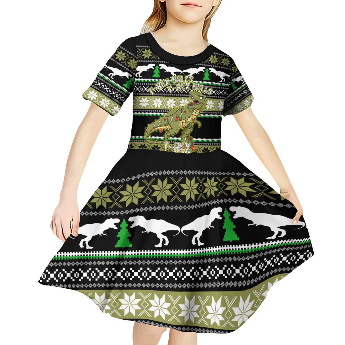 Christmas T Rex Tree Kid Short Sleeve Dress Xmas Holiday Patterns - Wonder Print Shop