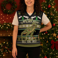 Christmas T Rex Tree Christmas Knitted V-Neck Vest Xmas Holiday Patterns - Wonder Print Shop