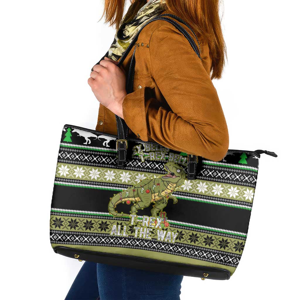 Christmas T Rex Tree Leather Tote Bag Xmas Holiday Patterns - Wonder Print Shop