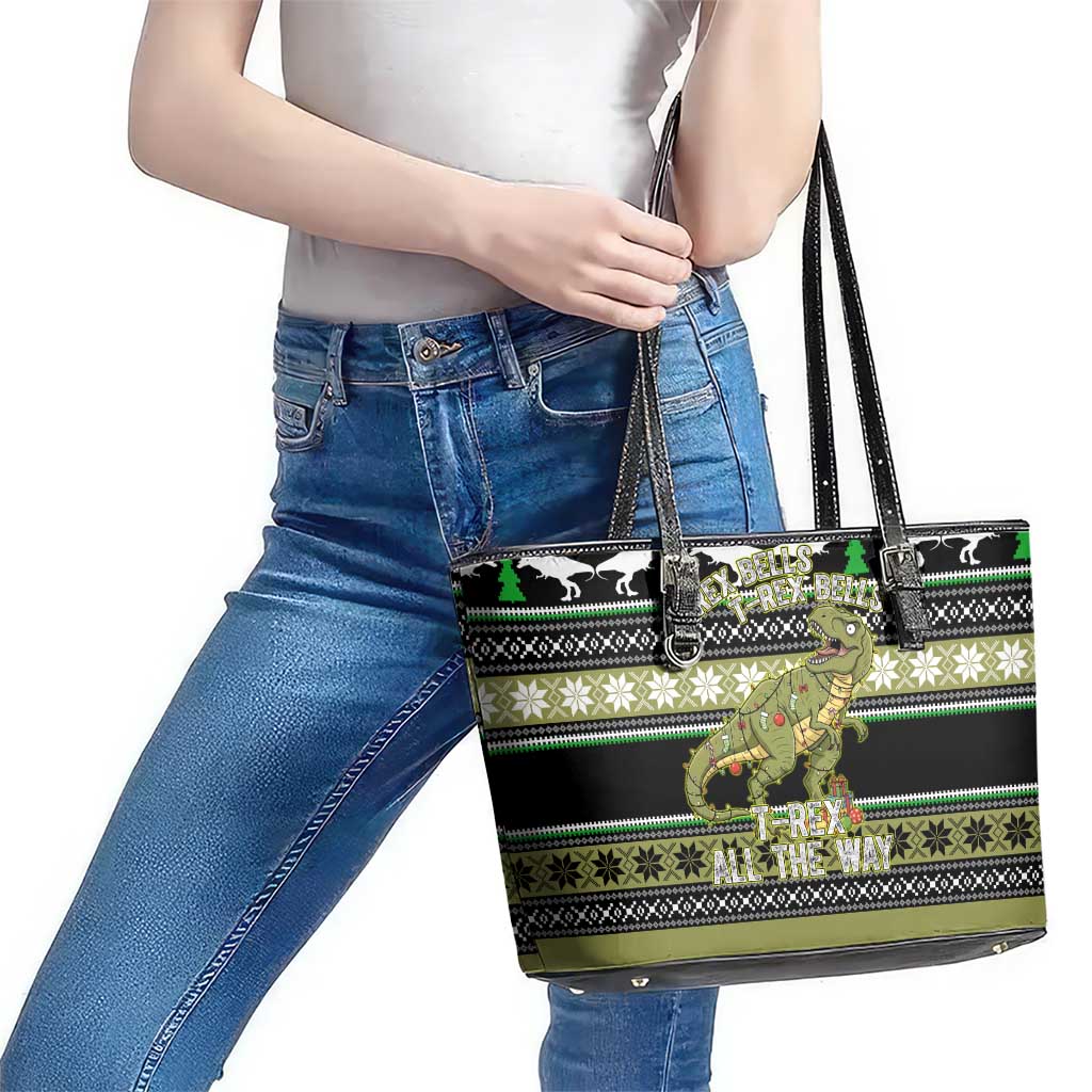 Christmas T Rex Tree Leather Tote Bag Xmas Holiday Patterns - Wonder Print Shop