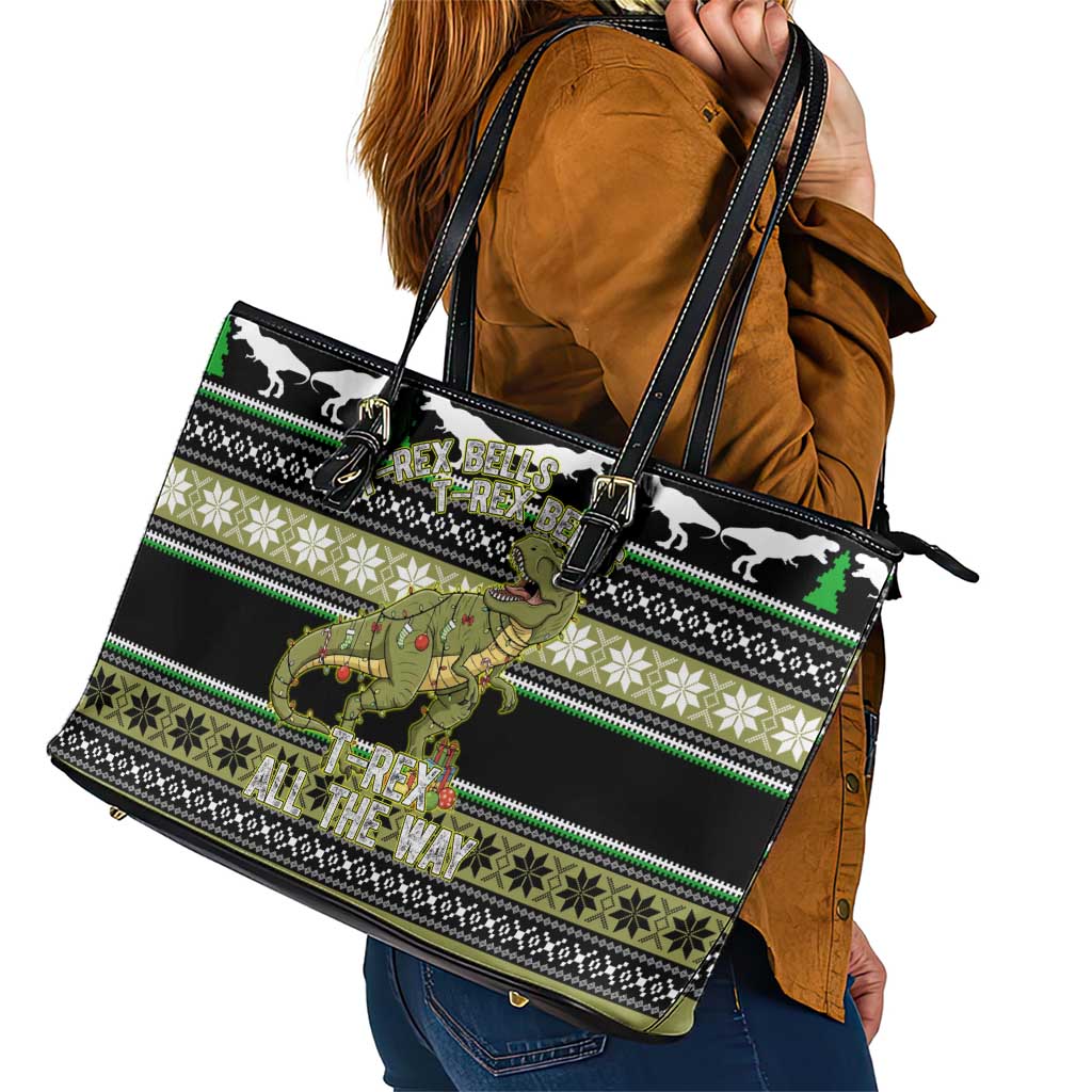Christmas T Rex Tree Leather Tote Bag Xmas Holiday Patterns - Wonder Print Shop