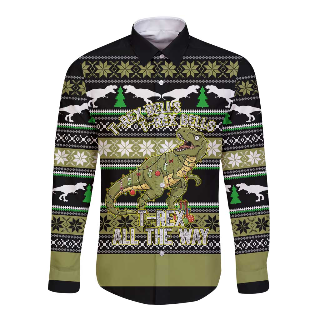 Christmas T Rex Tree Long Sleeve Button Shirt Xmas Holiday Patterns - Wonder Print Shop