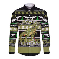 Christmas T Rex Tree Long Sleeve Button Shirt Xmas Holiday Patterns - Wonder Print Shop